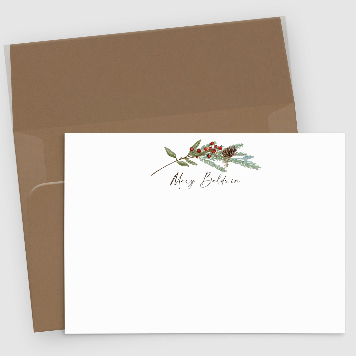 Papeterie de Noël personnalisée | Lot de 10 cartes de vœux aquarelles à motif de branches de pin