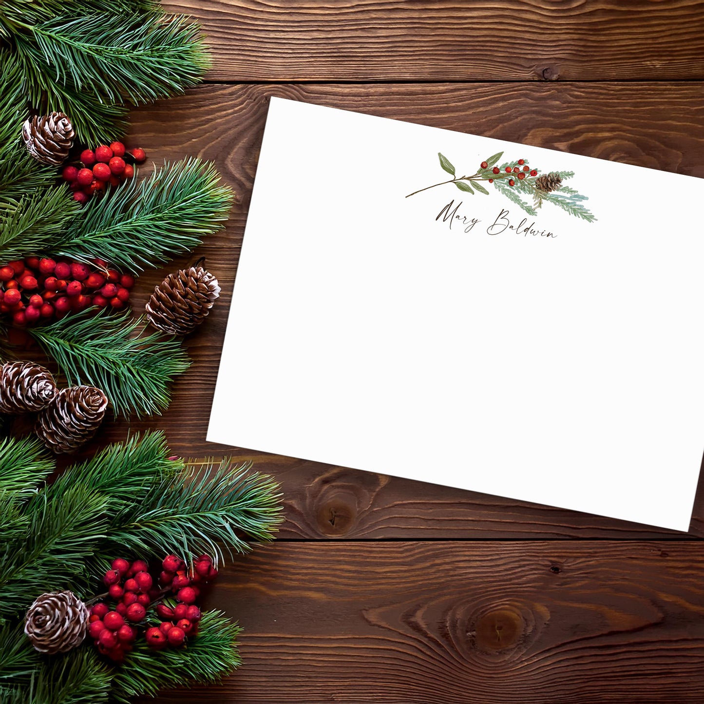 Papeterie de Noël personnalisée | Lot de 10 cartes de vœux aquarelles à motif de branches de pin