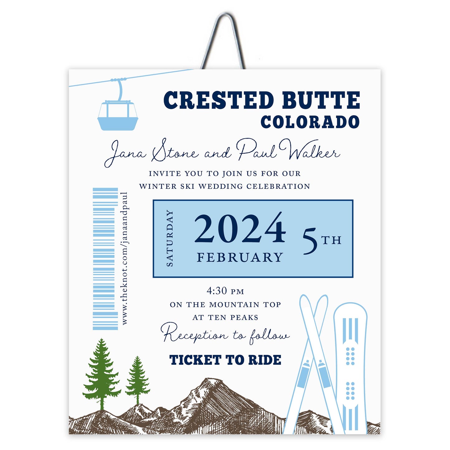 Ski Pass Mountain, Skis and Trees Gondola Wedding Invitation