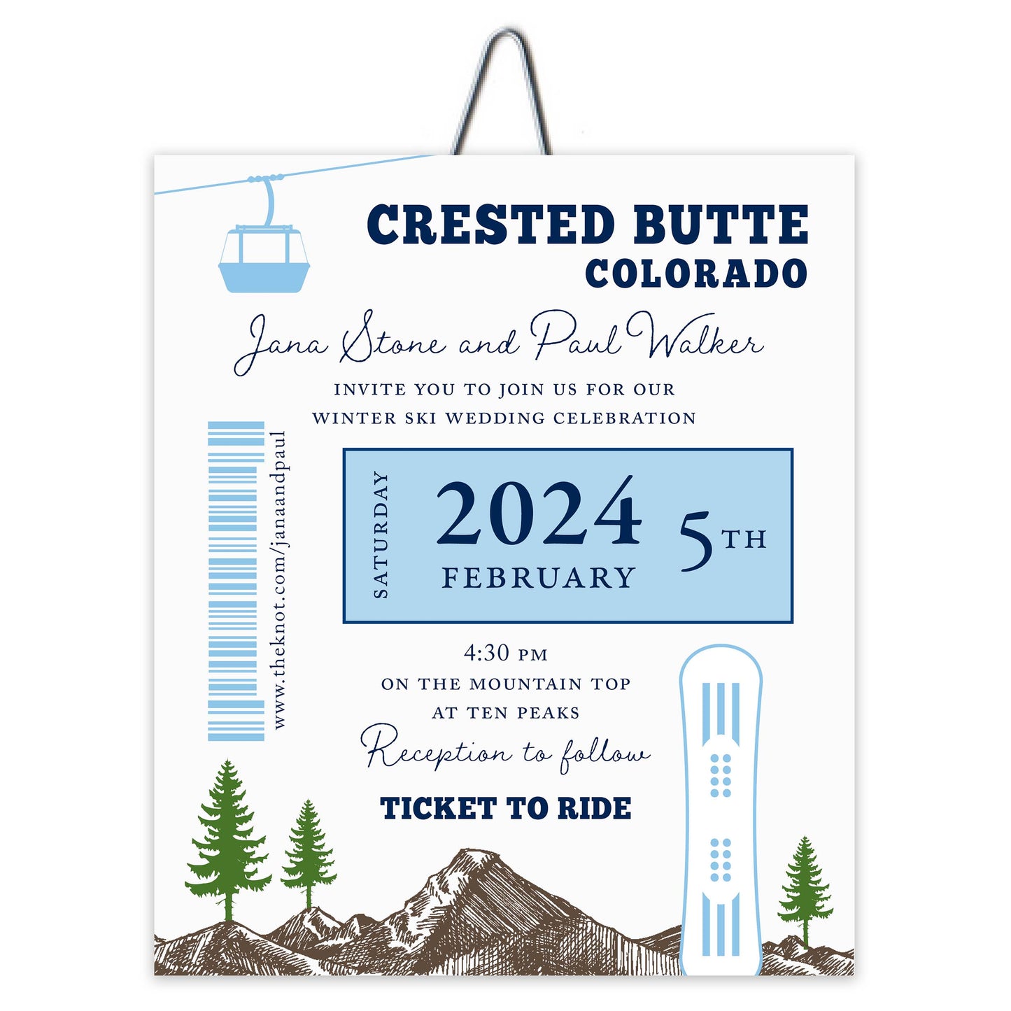 Ski Pass Mountain, Skis and Trees Gondola Wedding Invitation