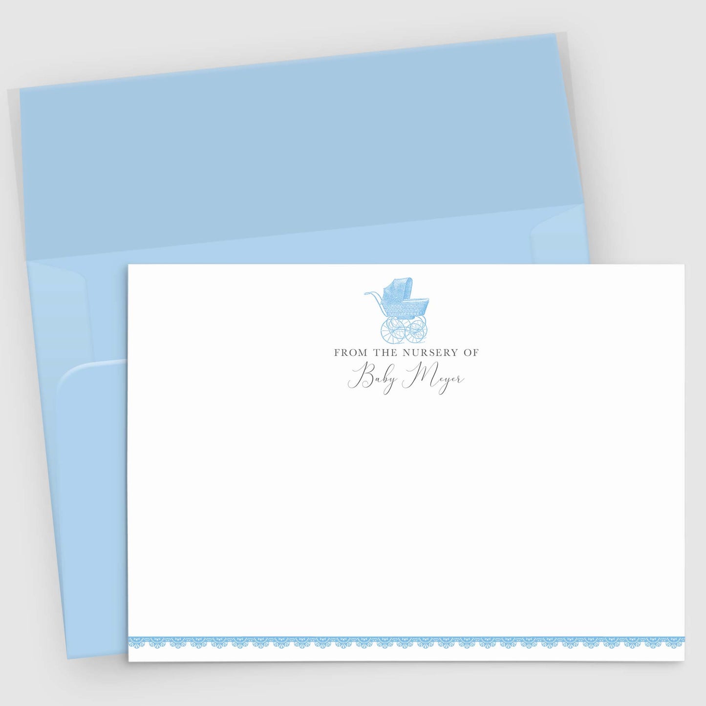 Papelería de agradecimiento para baby shower con cochecito vintage | Juego de 10 tarjetas personalizadas