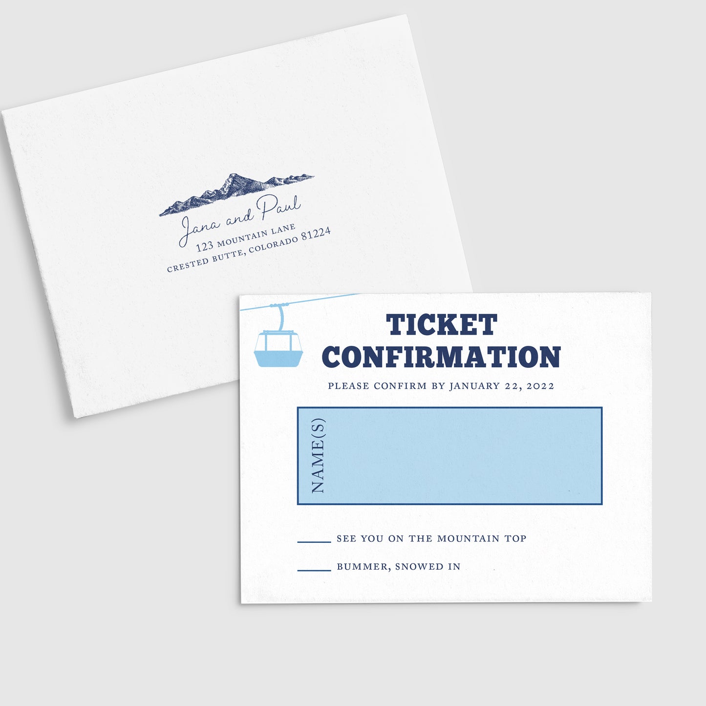 Ski Pass Mountain, Skis and Trees Gondola Wedding Invitation - Idea Chíc