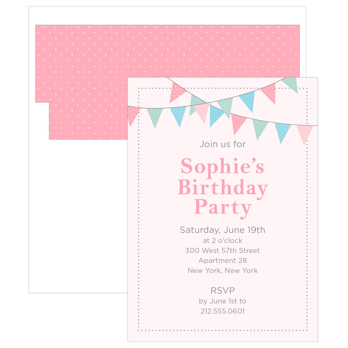 Invitación a la fiesta de cumpleaños con banderines y banderines