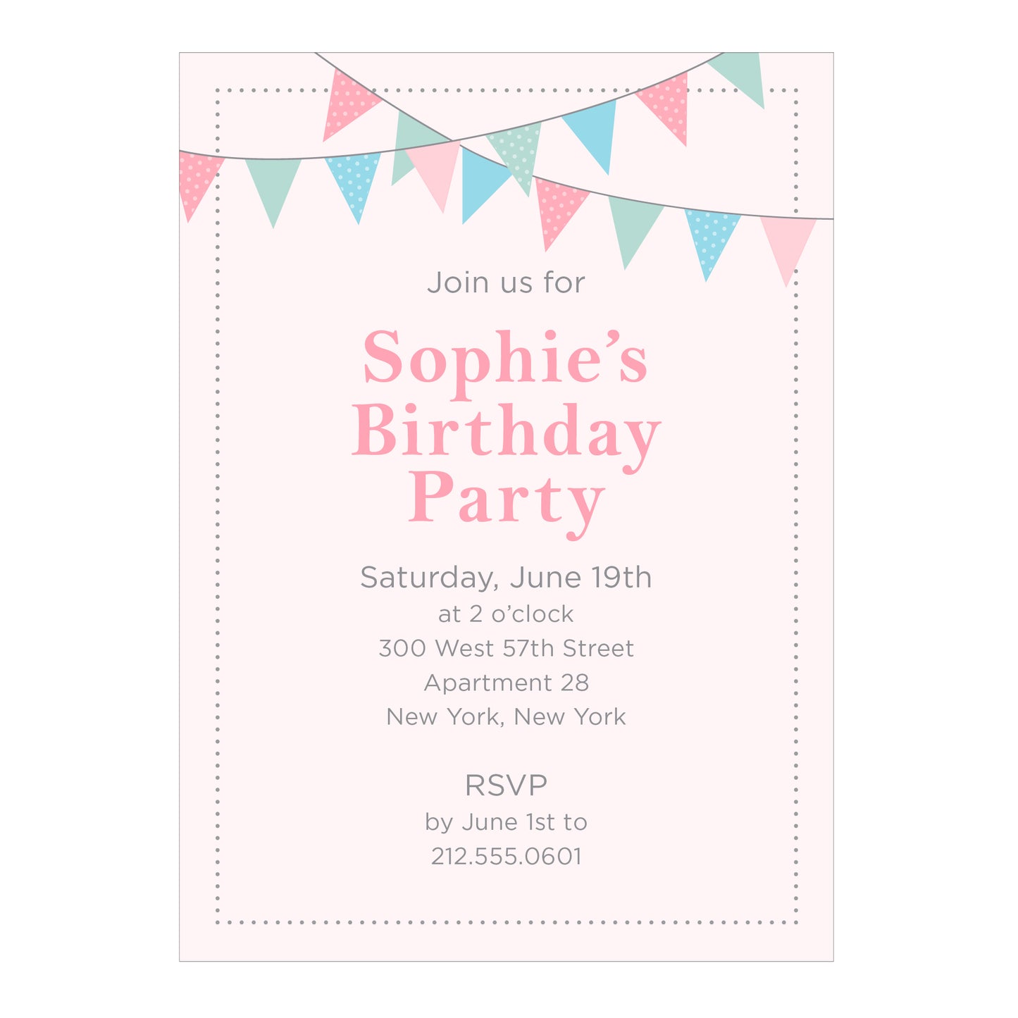 Invitación a la fiesta de cumpleaños con banderines y banderines