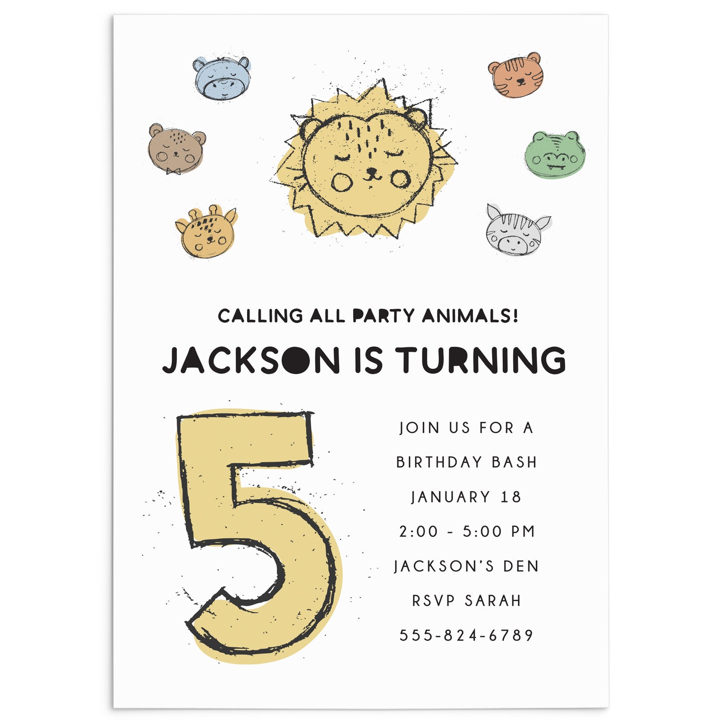 Party Animals 5th Birthday Invitation