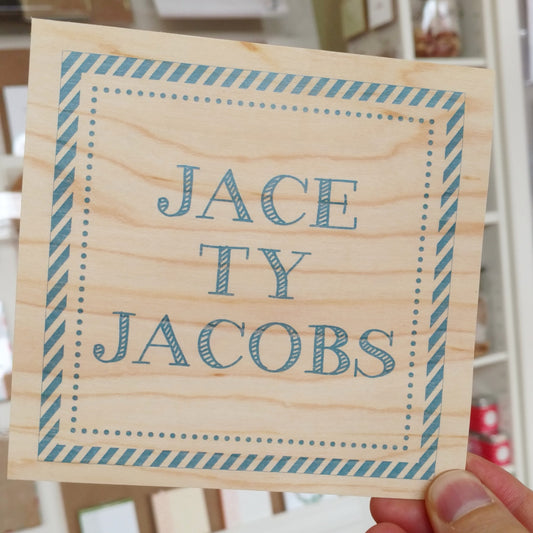 Wood Block Baby Shower Invitation and Keepsake with Baby Name Printed on Real Wood Veneer