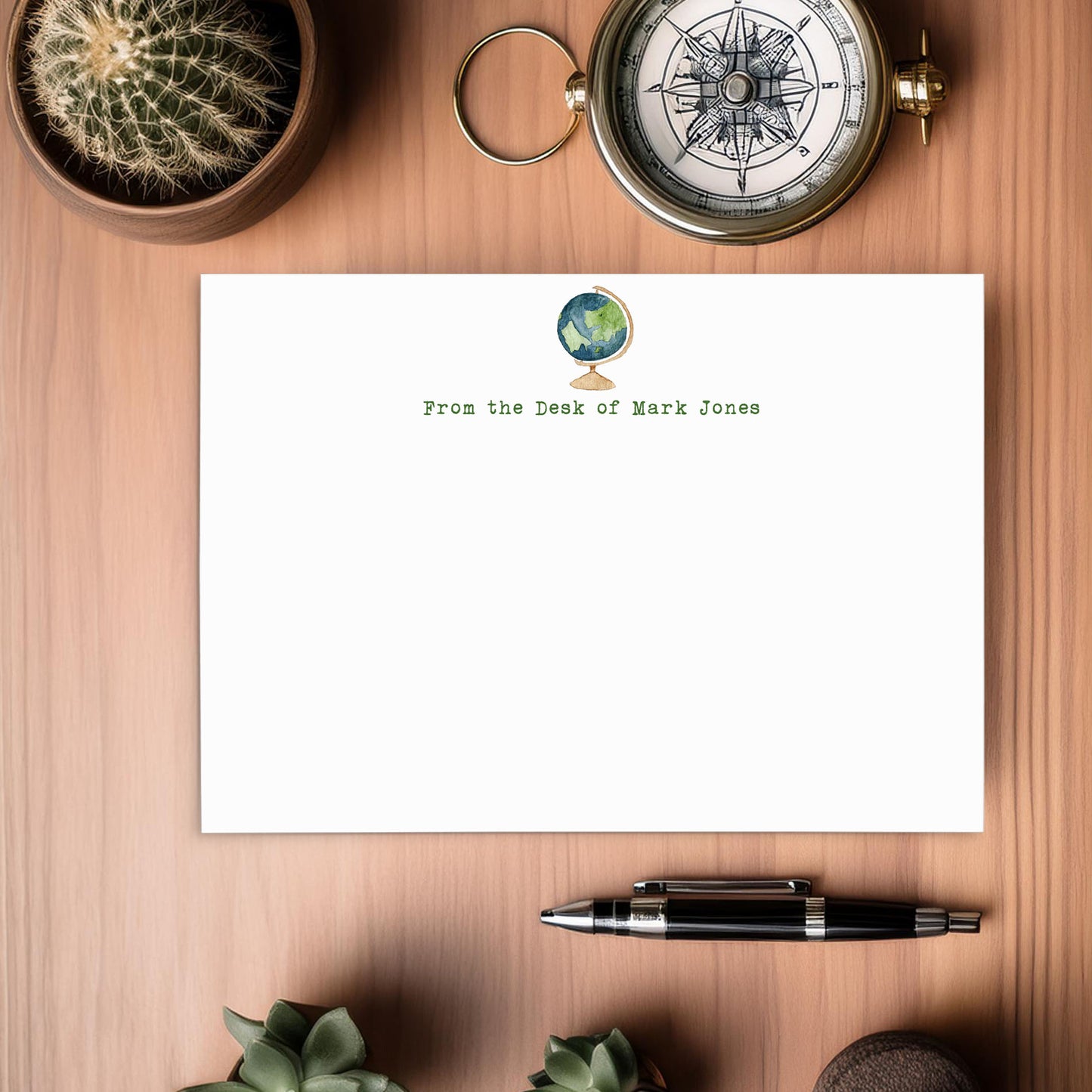 Lot de 10 cartes de correspondance aquarelle Globe | Cartes personnalisées avec nom