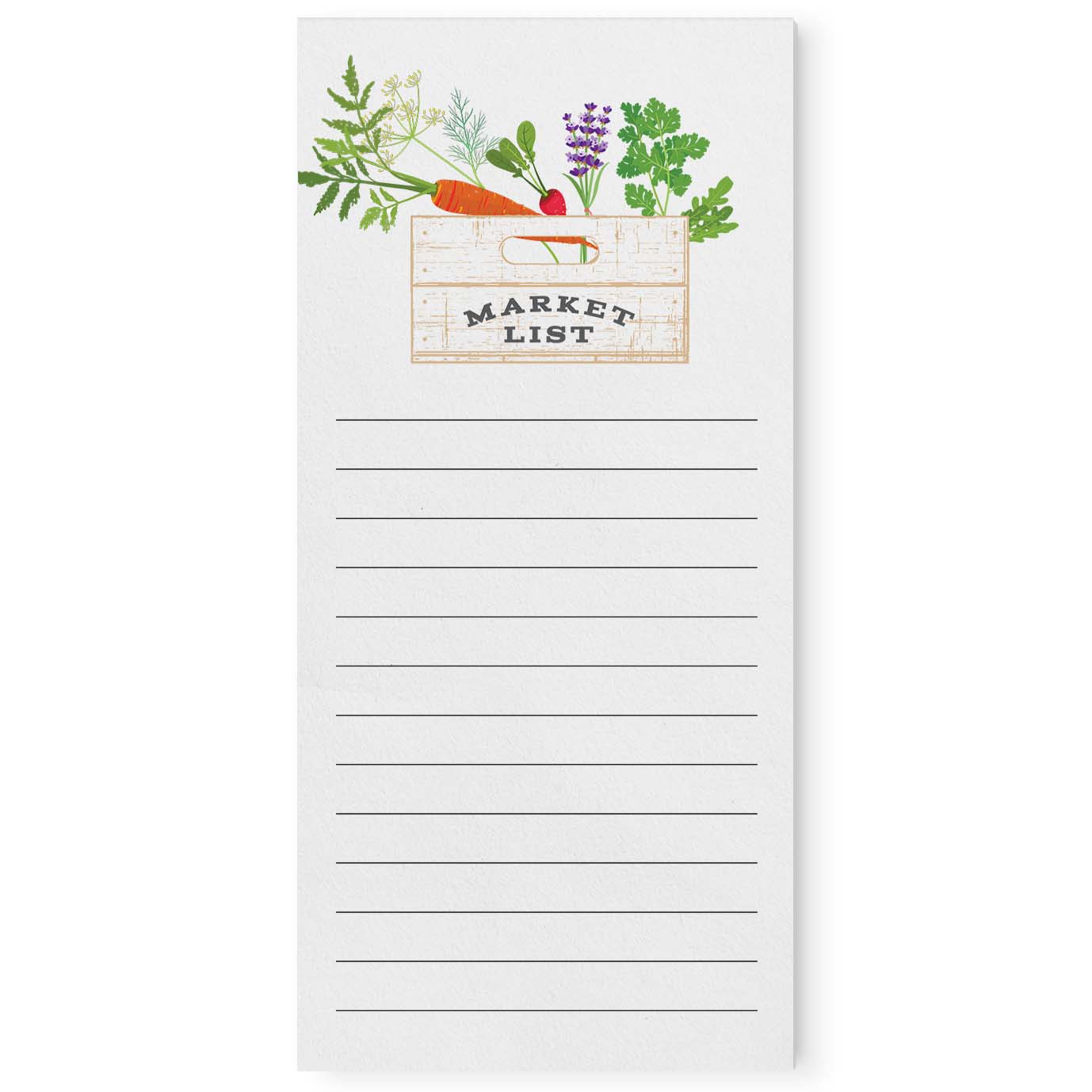 Bloc de notas con lista de mercados de cajas de verduras y hierbas