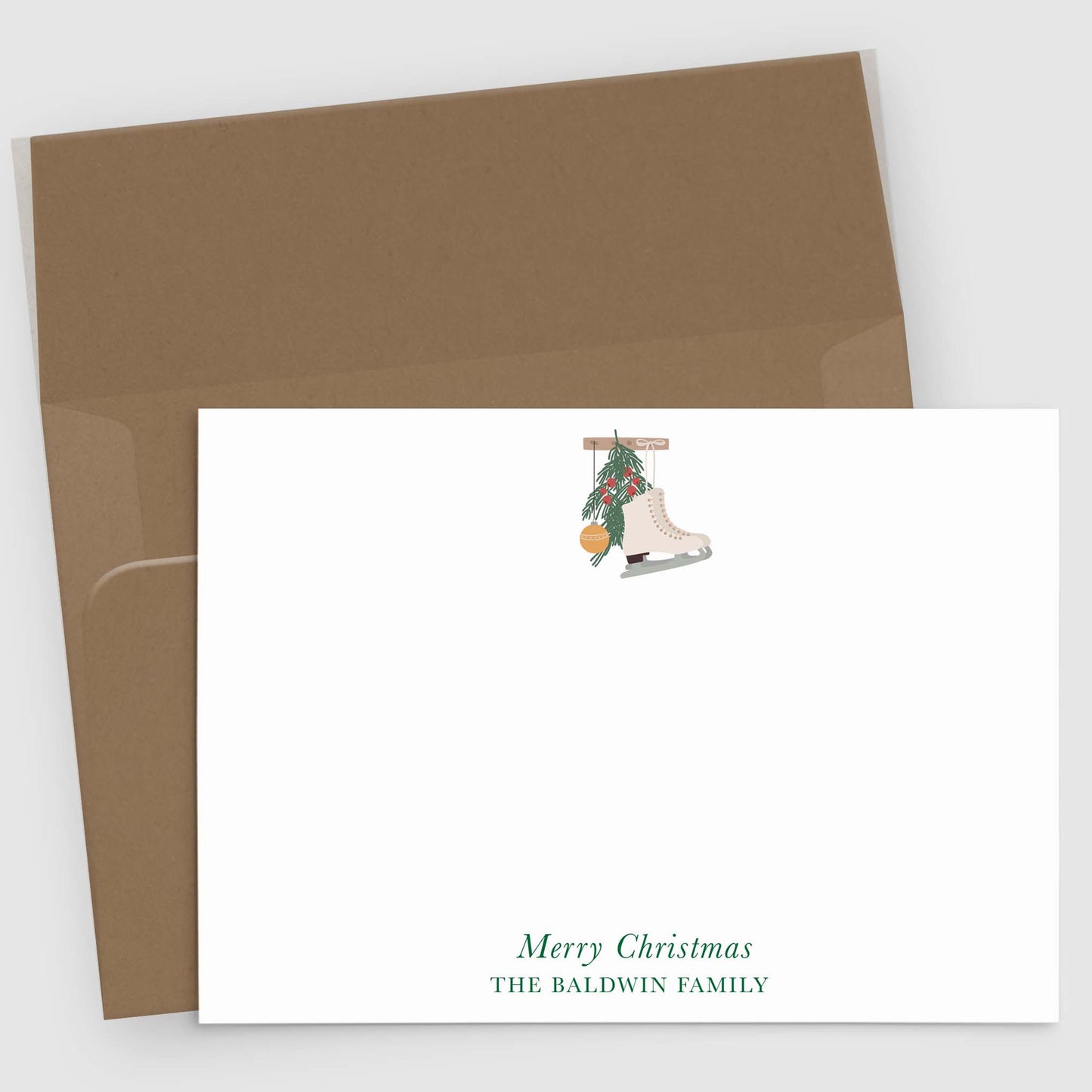 Juego de 10 tarjetas navideñas personalizadas | Tarjetas con temática de patines de hielo y vegetación