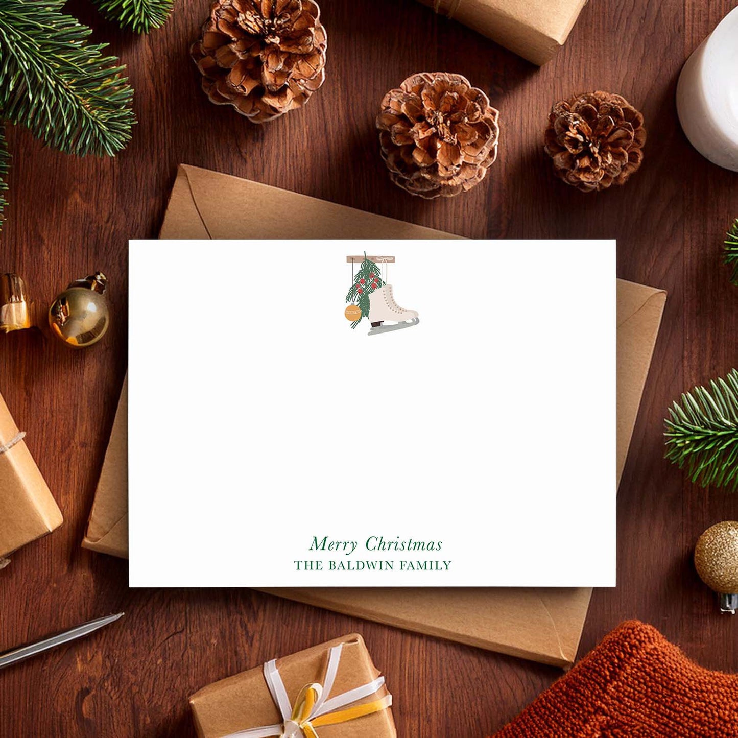 Juego de 10 tarjetas navideñas personalizadas | Tarjetas con temática de patines de hielo y vegetación