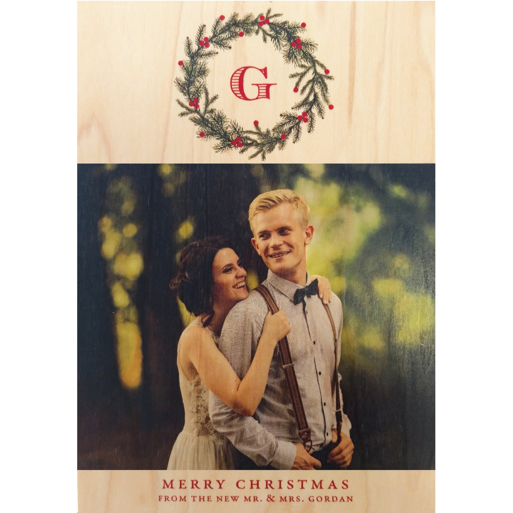 Monogram Wreath Photo Card on Real Wood Veneer - Idea Chíc