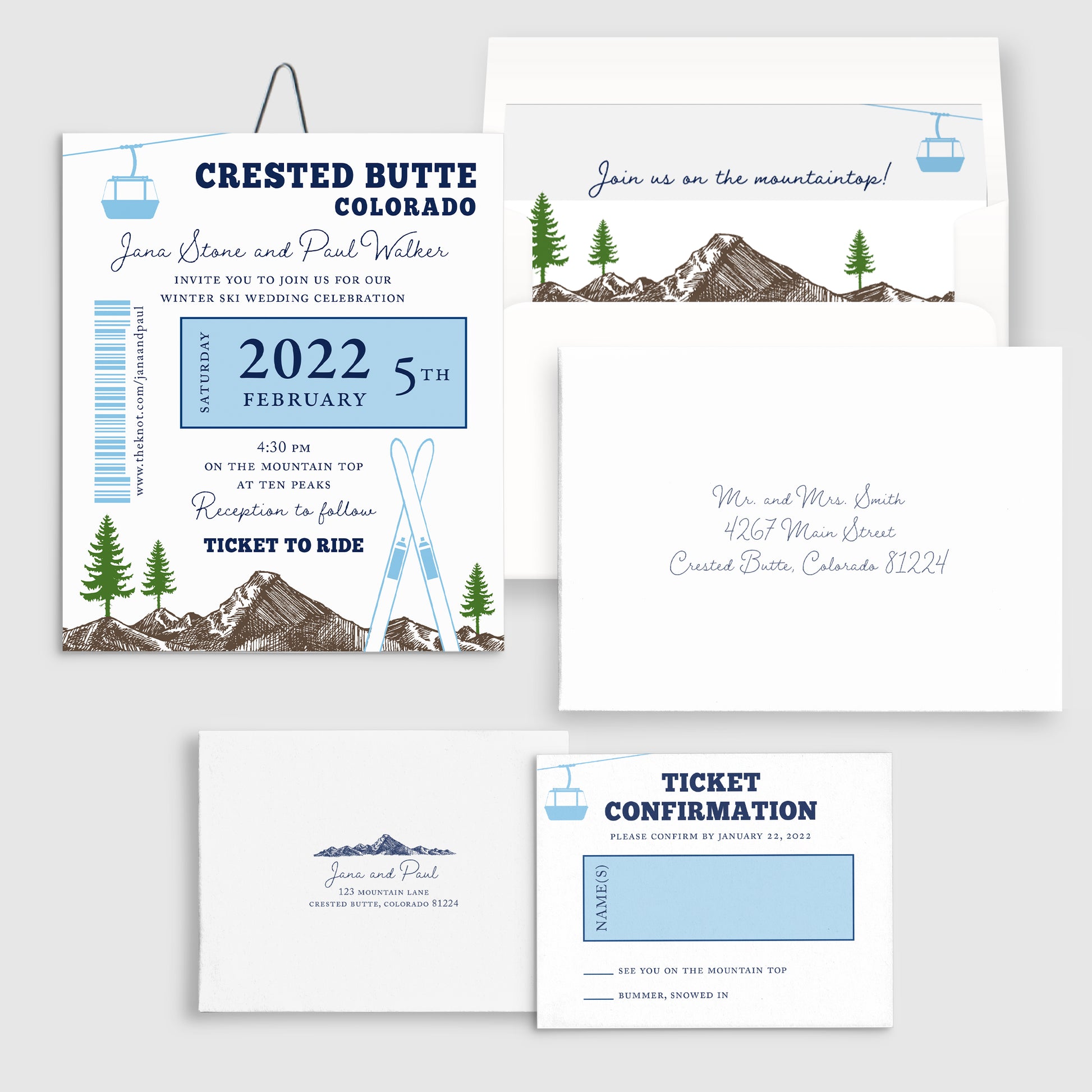 Ski Pass Mountain, Skis and Trees Gondola Wedding Invitation - Idea Chíc