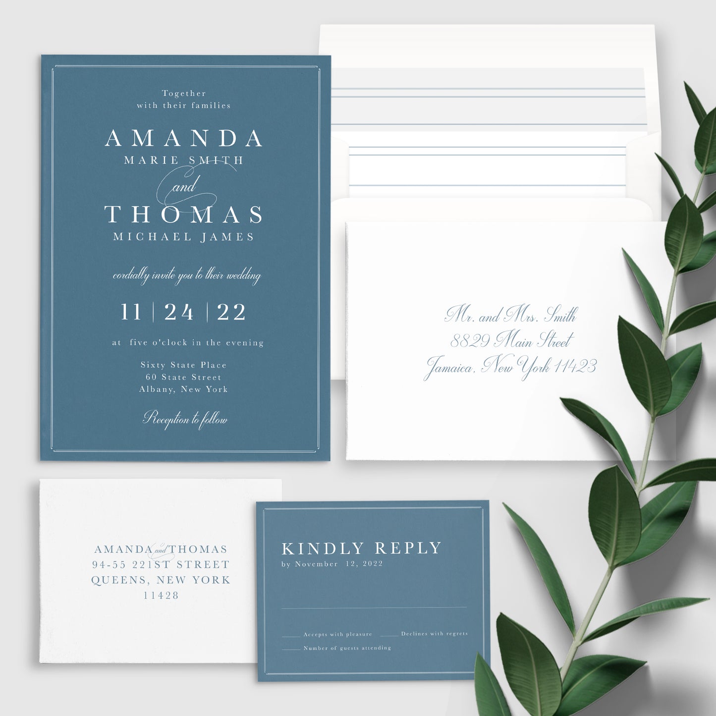 Invitación de boda azul formal