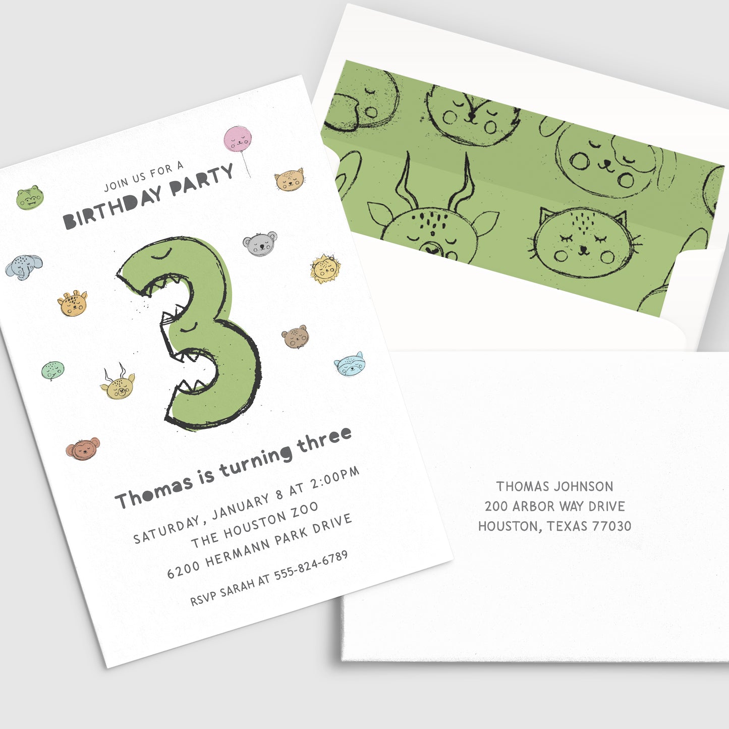 Invitation Visages d'animaux 3e anniversaire