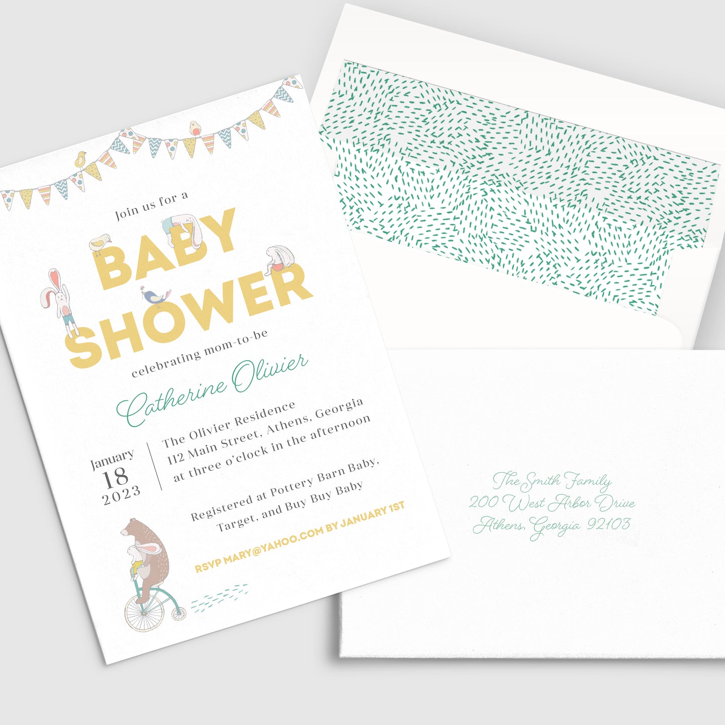 Invitation au baby shower d'animaux mignons
