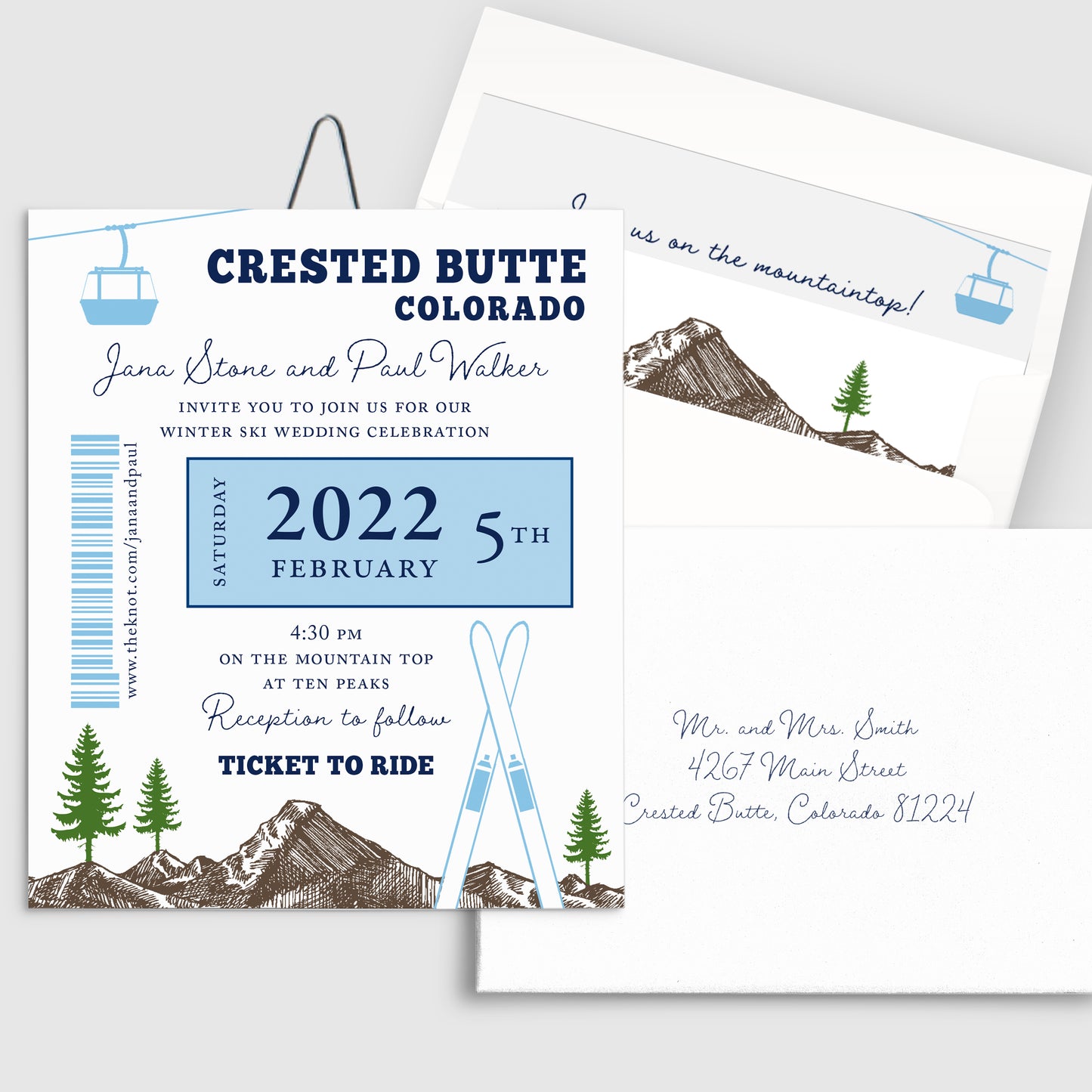 Ski Pass Mountain, Skis and Trees Gondola Wedding Invitation - Idea Chíc