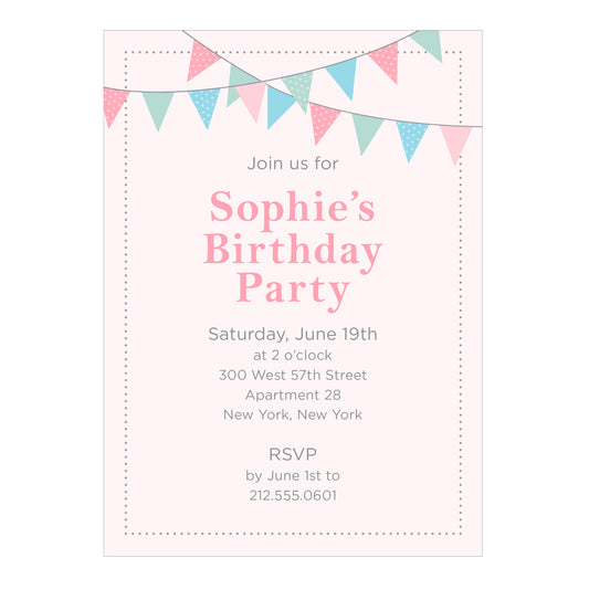 Invitación a la fiesta de cumpleaños con banderines y banderines