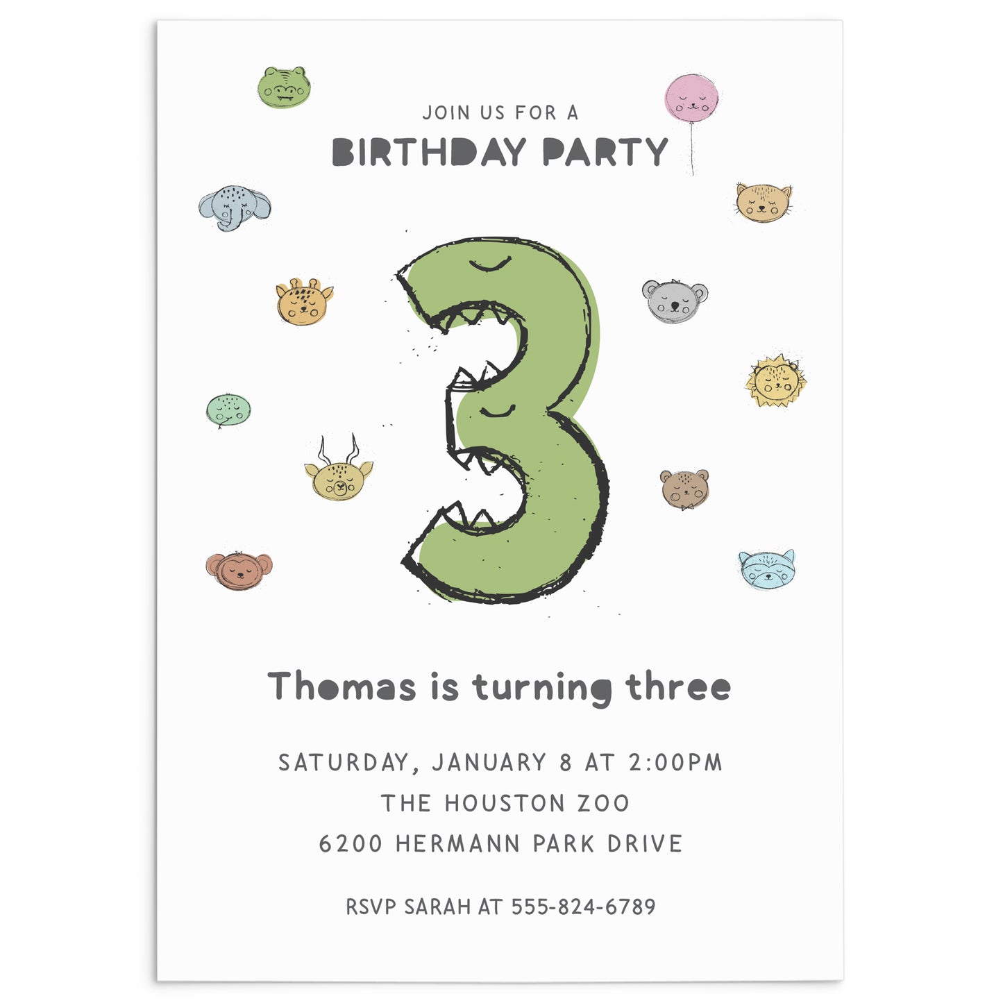 Animal Faces 3rd Birthday Invitation