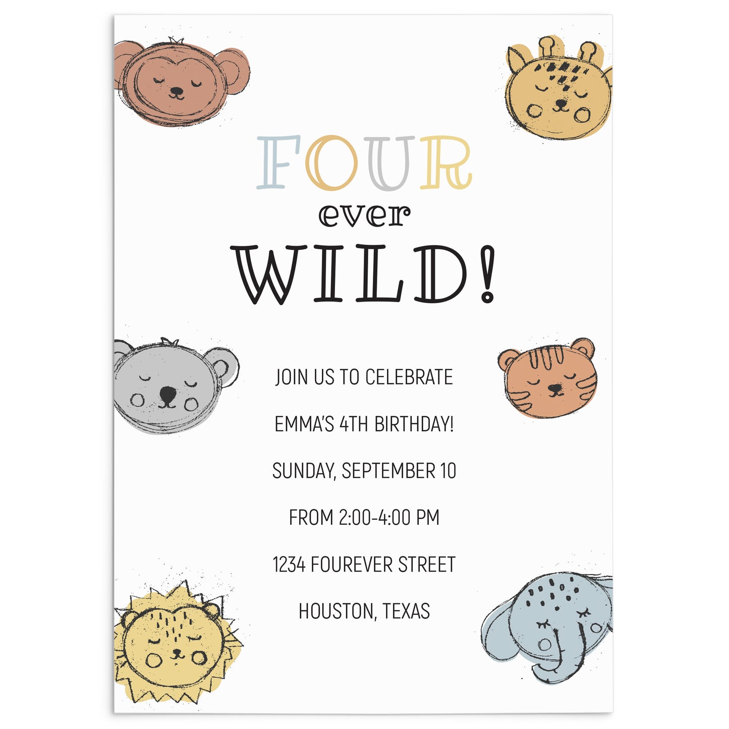 Fourever Wild 4th Birthday Invitation