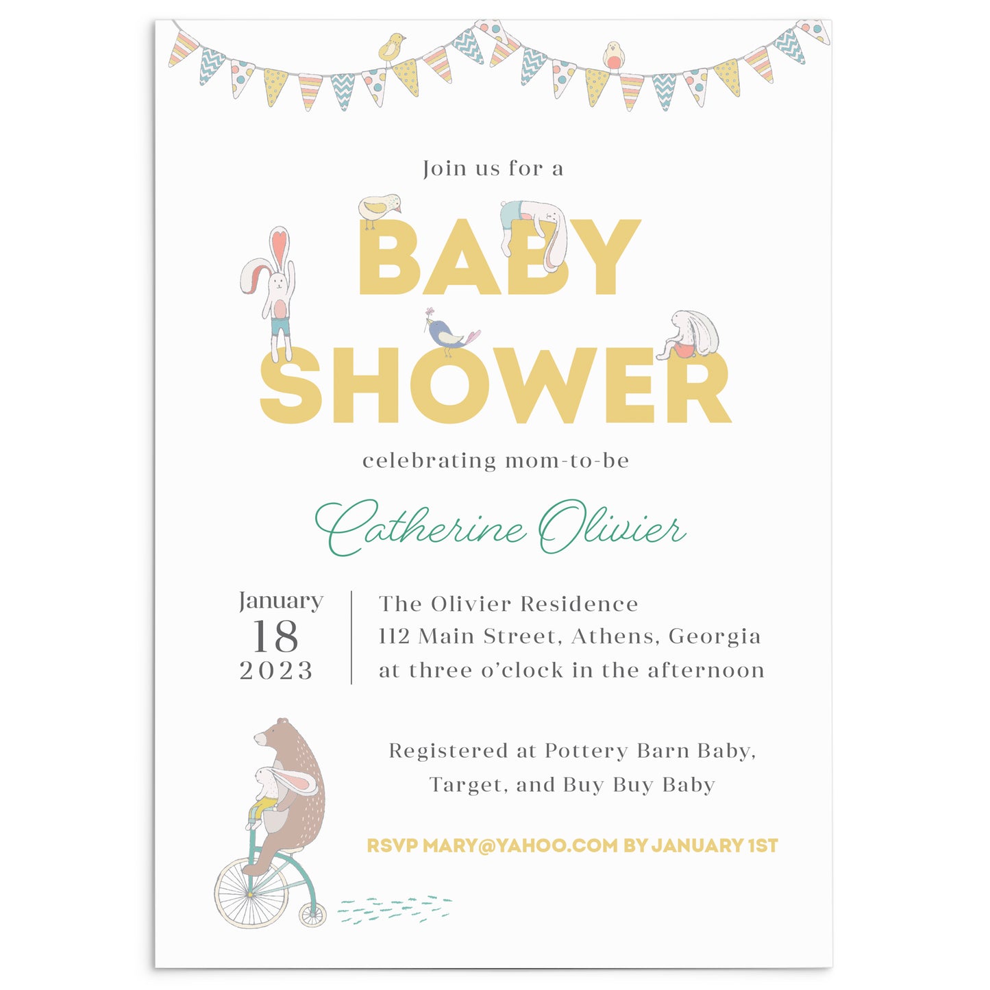 Invitation au baby shower d'animaux mignons