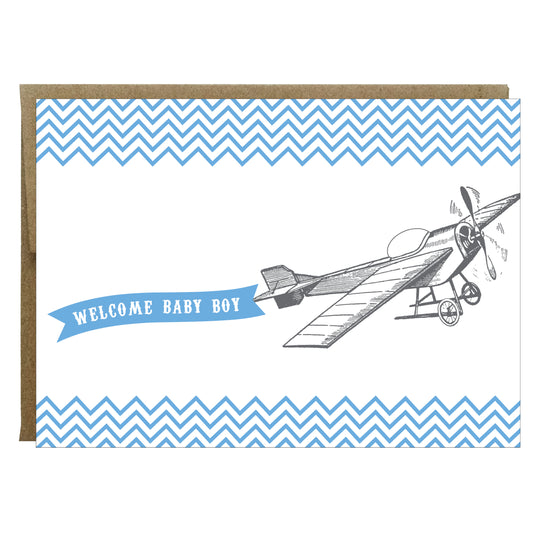 Welcome Baby Boy Vintage Plane Greeting Card - Idea Chíc