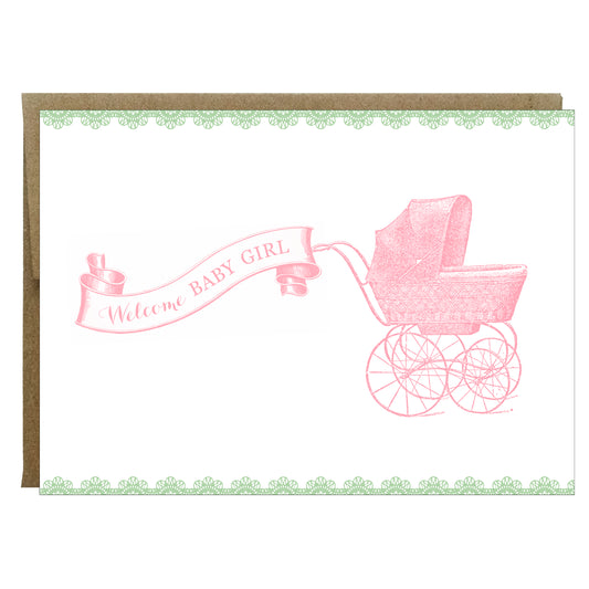 Welcome Baby Girl Vintage Carriage Greeting Card - Idea Chíc
