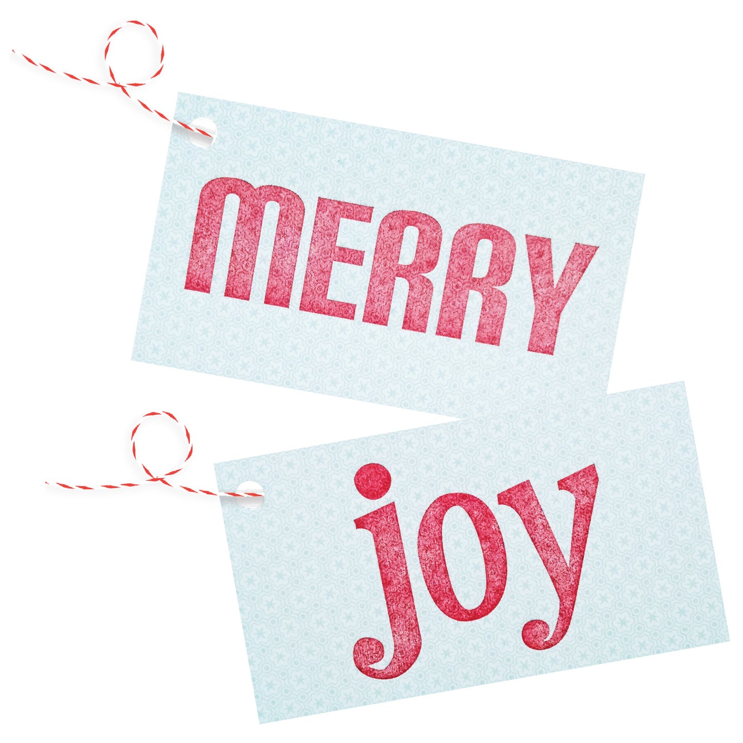 Merry / Joy Letterpress Gift Tags on Ice Blue & White Patterned Stock - Pack of 4 - Idea Chíc