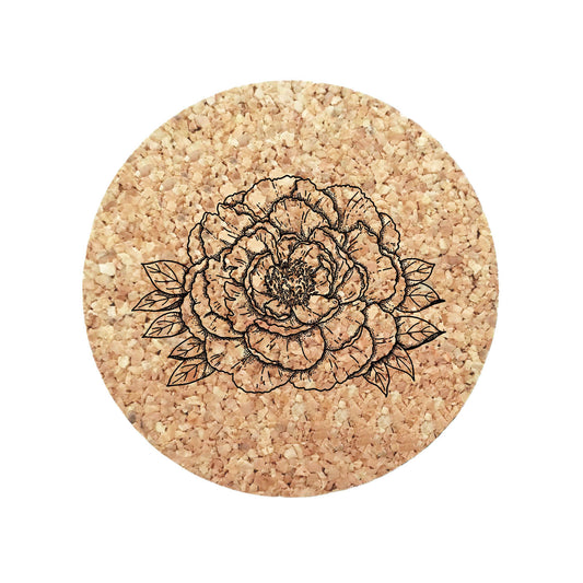 Peony Flower Cork Coasters - Pack of 4