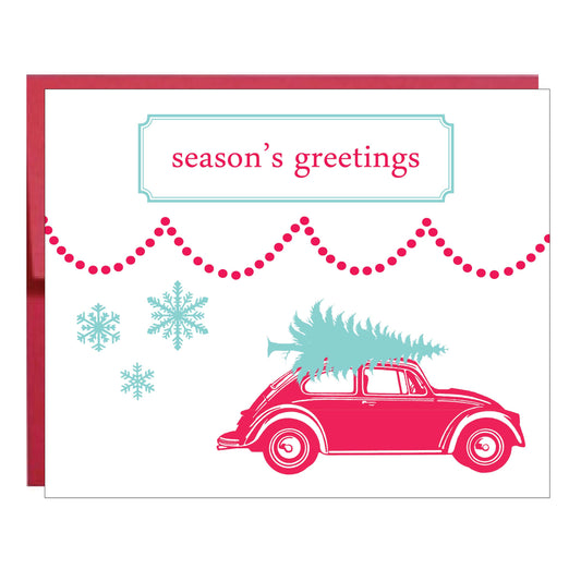 Vintage Volkswagen Bug with Ice Blue Christmas Tree Greeting Card - Idea Chíc