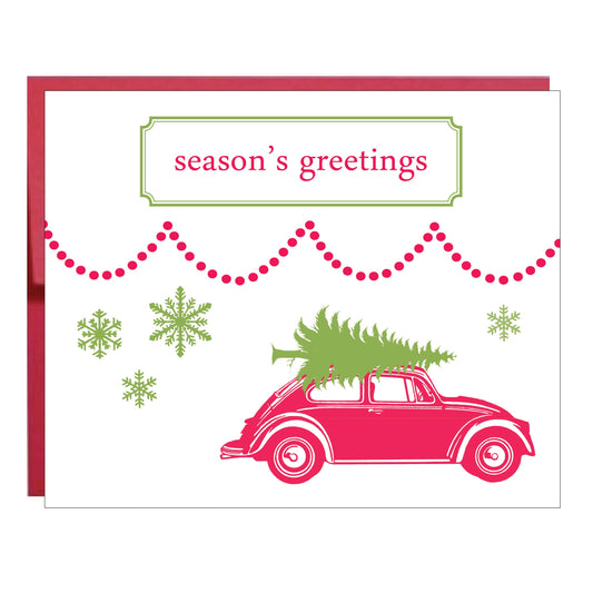 Vintage Volkswagen Bug with Sage Green Christmas Tree Greeting Card - Idea Chíc